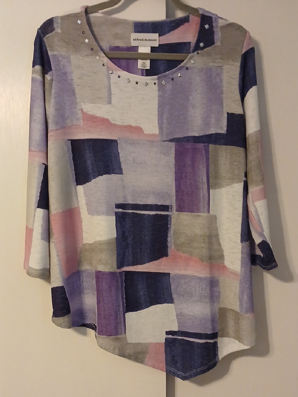 Alfred Dunner Abstract Block Print Tunic Top - Pink, Purple, Navy, White & Gray